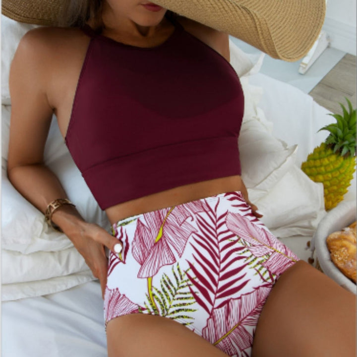 Dame Højskåret Bikini med sporty top og blomsterdesign Stilla