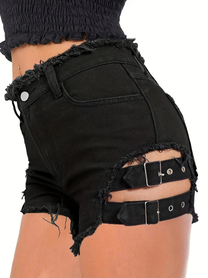 Dame Destroyed Denim-Shorts med sidelæns bånd-detajle og moderigtigt frynse-kant Stilla