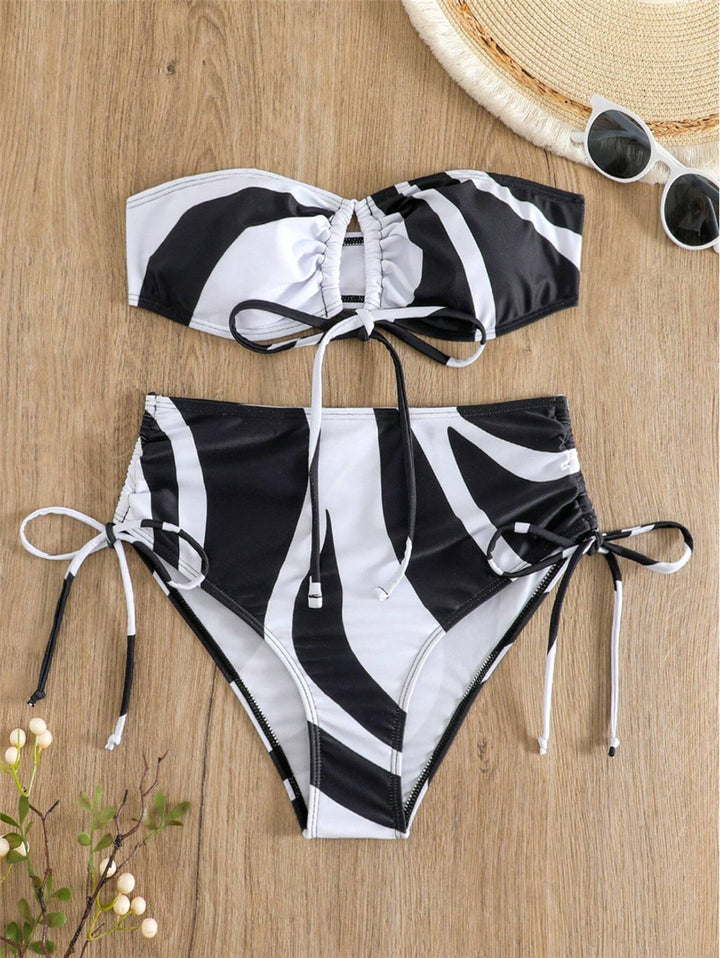 Dame Bandeau-Bikini-sæt med justerbar top og trendy tryk Stilla