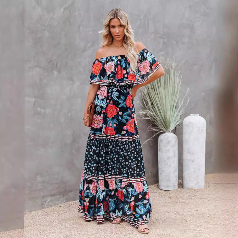 Damer Off-Shoulder Floral Maxi Kjole med Flæsedetalje Stilla
