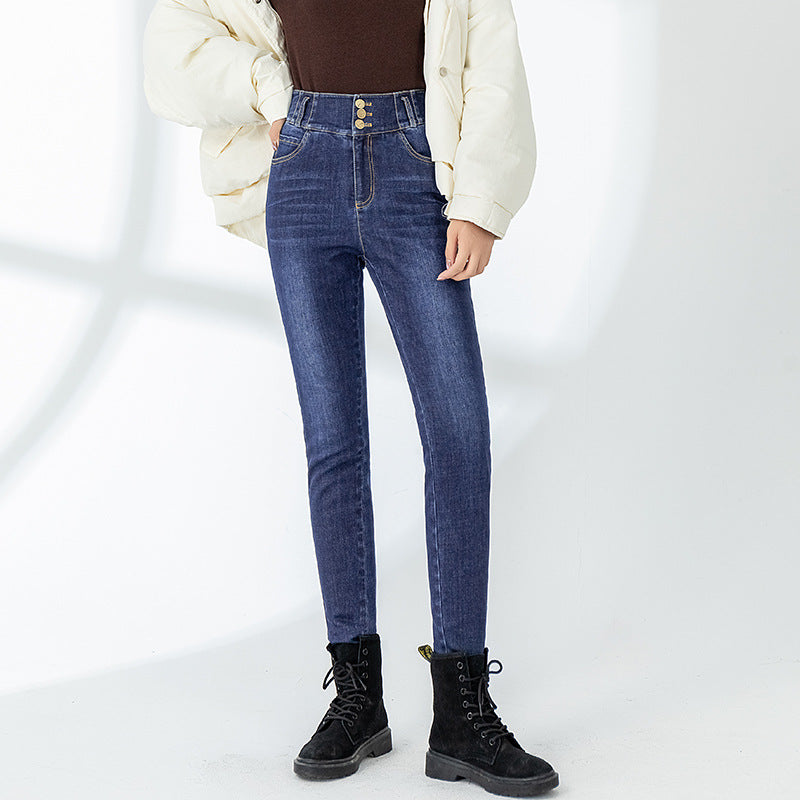 Dame højtaljede jeans med stilfuld knapdetalje og elastisk talje Stilla
