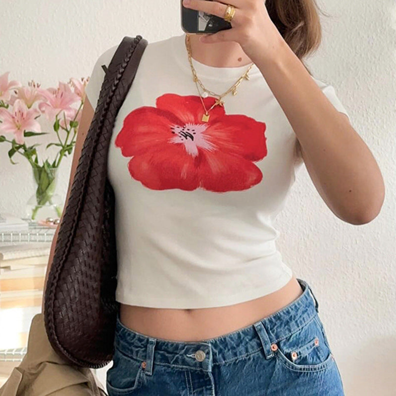 Dame Crop-T-Shirt med blomsterprint Skovae