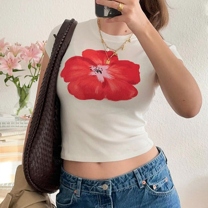 Dame Crop-T-Shirt med blomsterprint Skovae