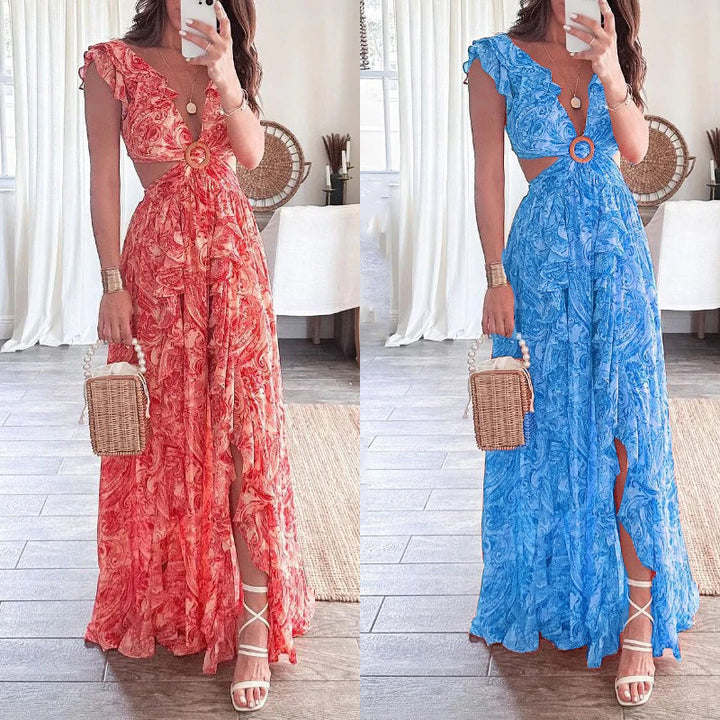 Dame Maxikjole med florale cut-out-detaljer og elegante volanger Stilla