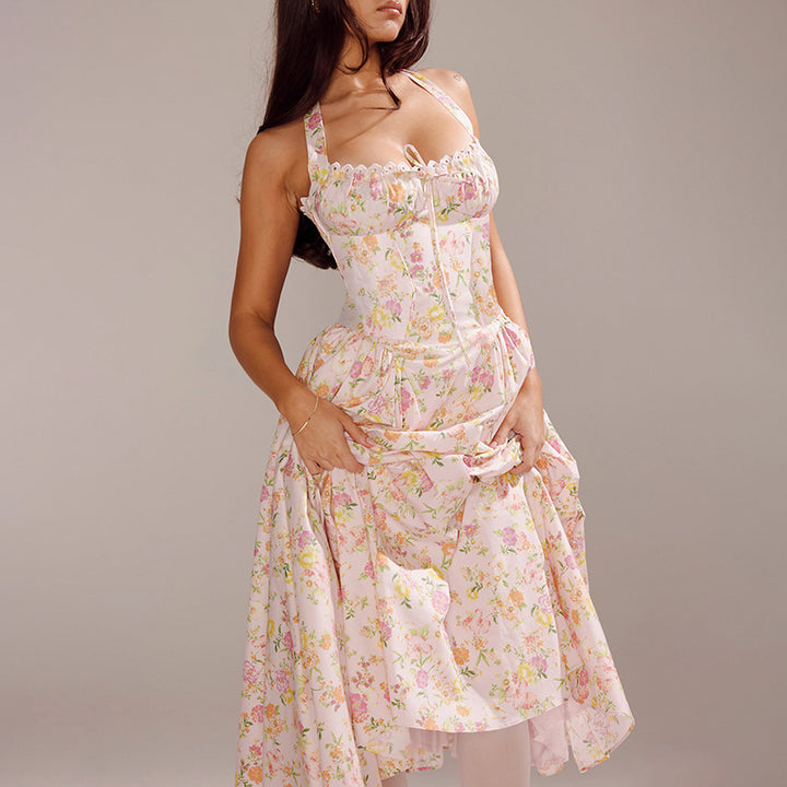 Dame Vintage Floral Halterhals Midi Kjole Stilla
