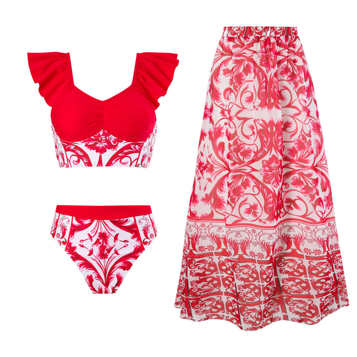 Dame Bikinikombination med elegant volant-top og blomster maksikjole Stilla