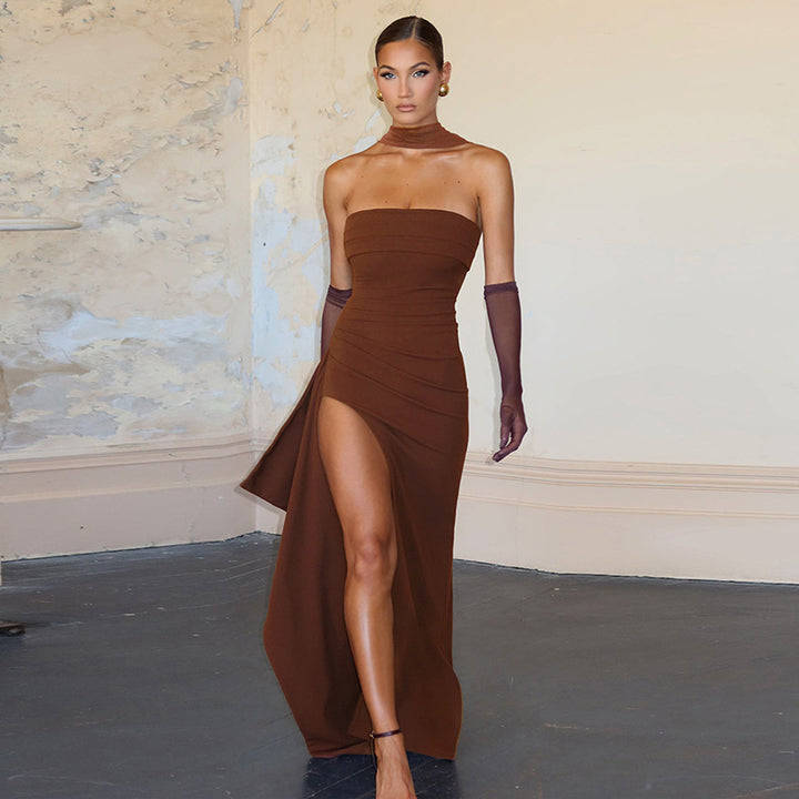 Dame Elegant omslagskjole med høj krave design og kreativ drapering Skovae