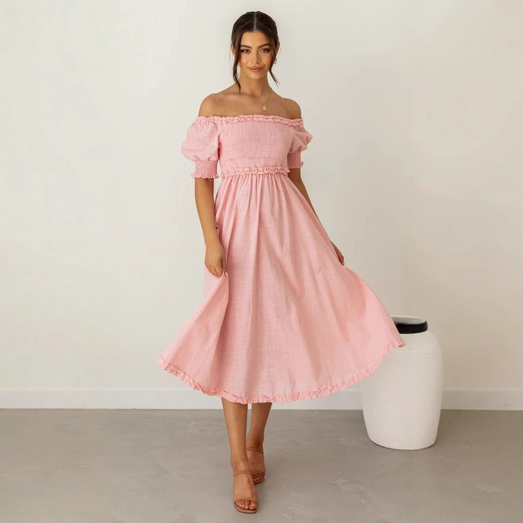Women's Off-Shoulder Midi Dress with Airy Silhouette and Ruffle Details Skovae