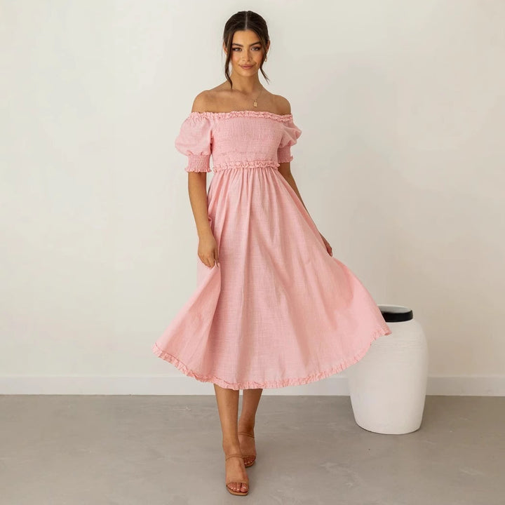 Women's Off-Shoulder Midi Dress with Airy Silhouette and Ruffle Details Skovae