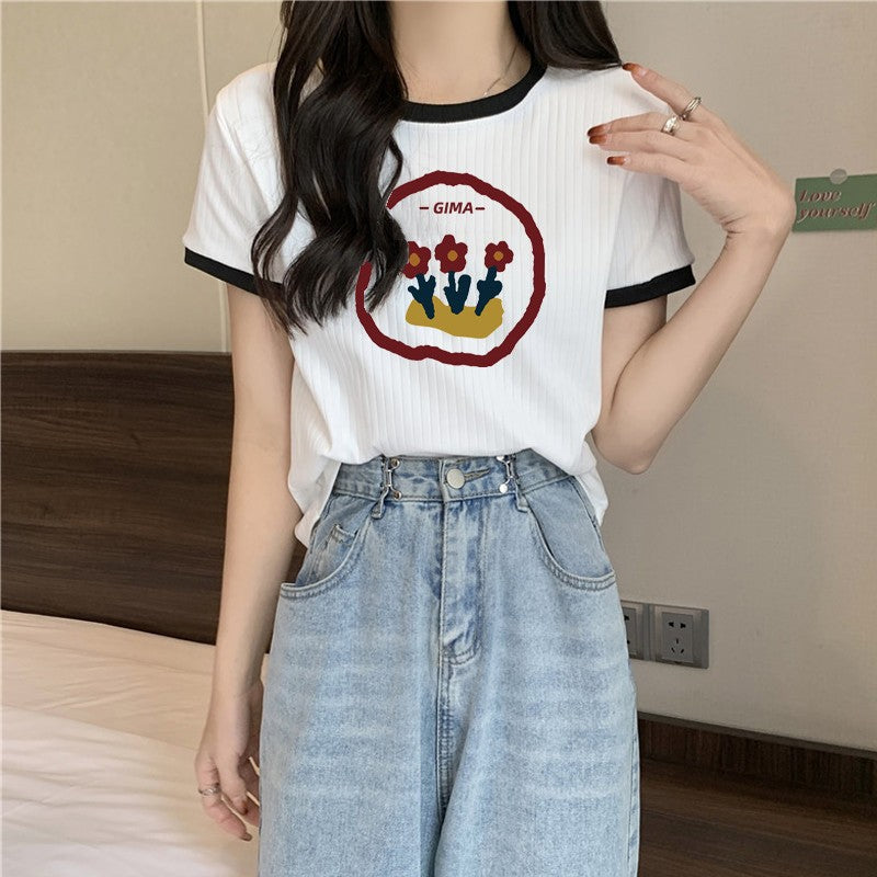 Femme Trendy Blomst Udsmykket Rib T-Shirt Stilla