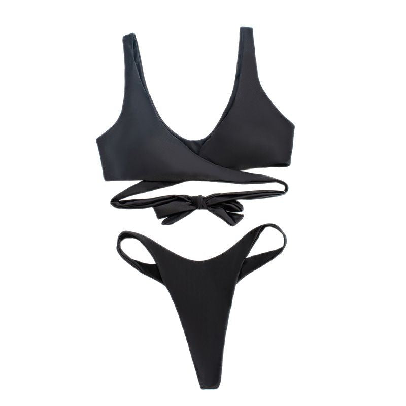 Dame asymmetrisk højskåret bikini med innovativt indpakningsdesign Skovae