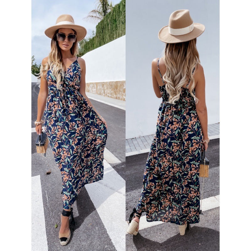 Dame Tropical Print Maxi Kjole med justerbare snore Stilla