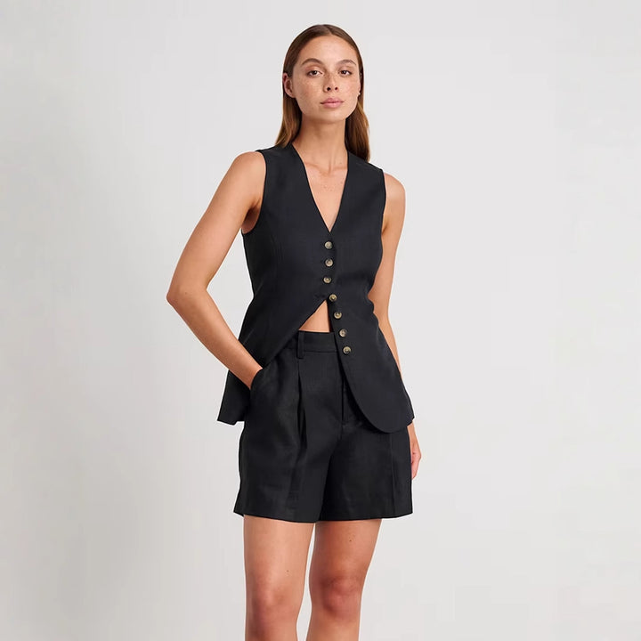 Femme Figursyet Linned blazer og shorts-sæt Stilla