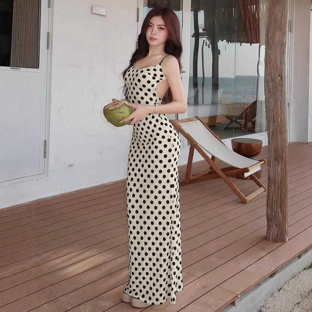 Damer Polka-Dots Maxikjole med spaghetti-stropper og elegant snit Skovae
