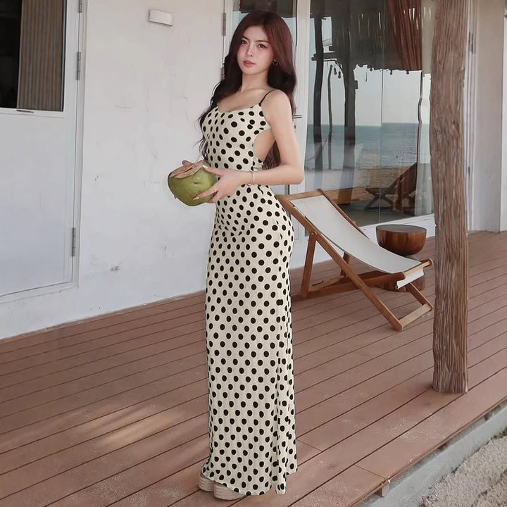 Damer Polka-Dots Maxikjole med spaghetti-stropper og elegant snit Skovae