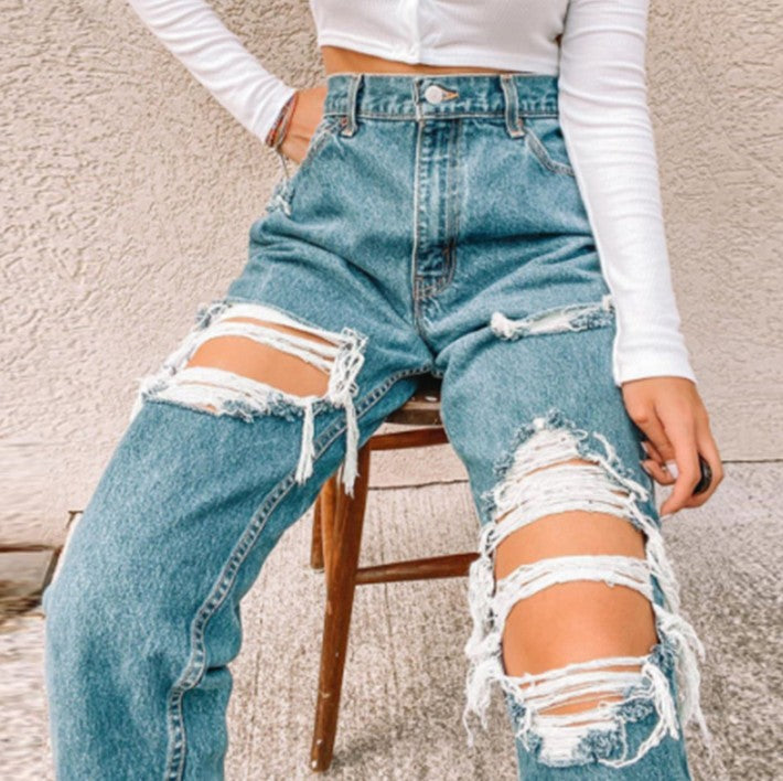 Damer Højtaljede Flækkede Jeans i afslappet Urban-Stil Stilla