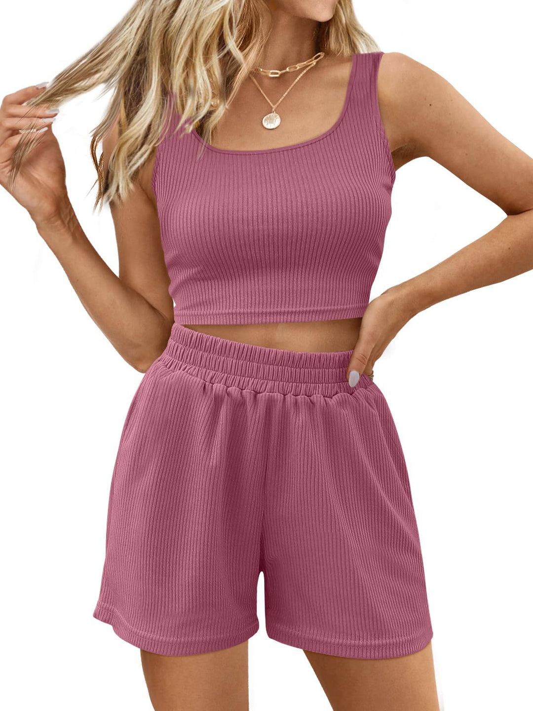 Dame Rib Crop Top og Shorts Sæt Stilla