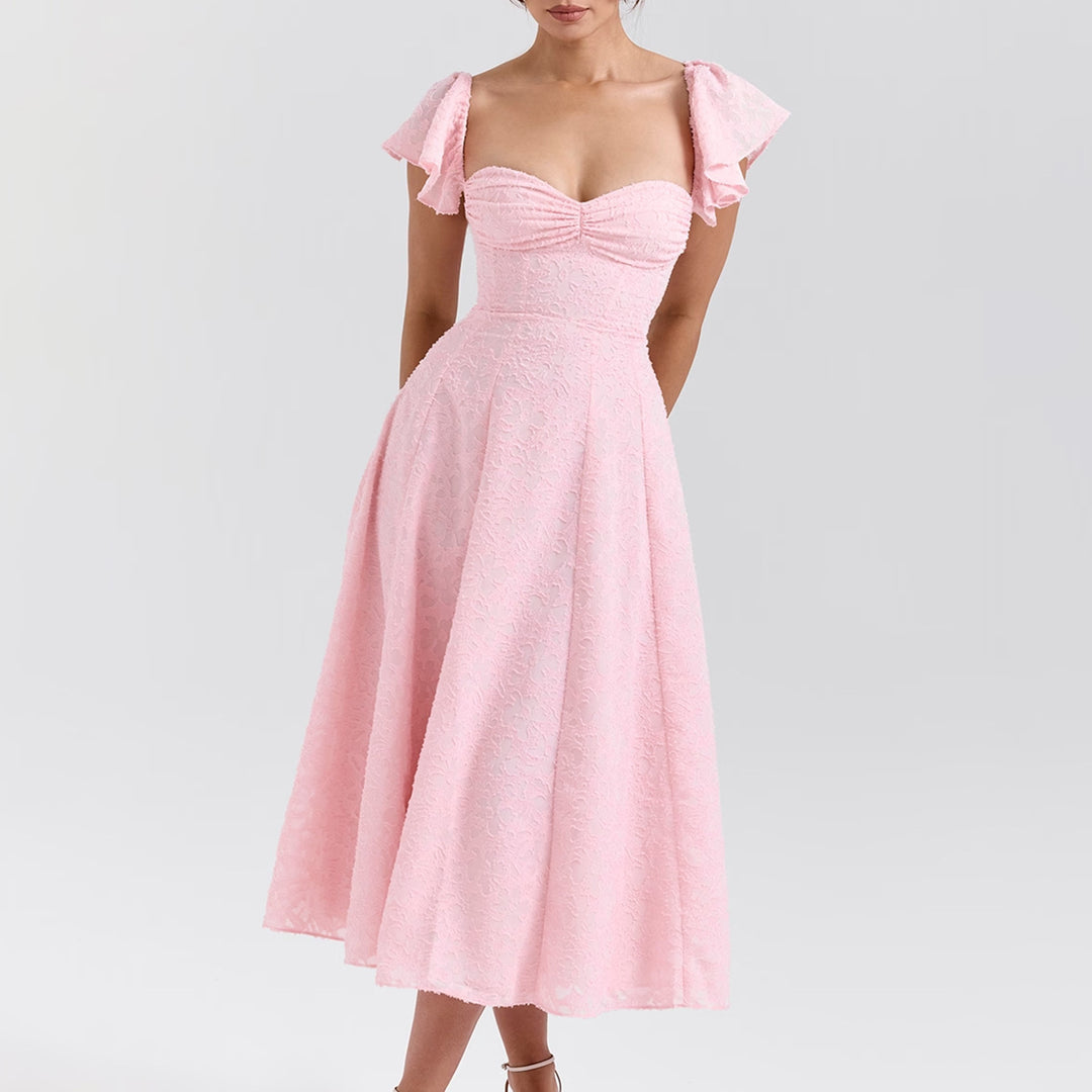 Dame Off-Shoulder Midikjole med flæsedetaljer og figursyet snit Skovae