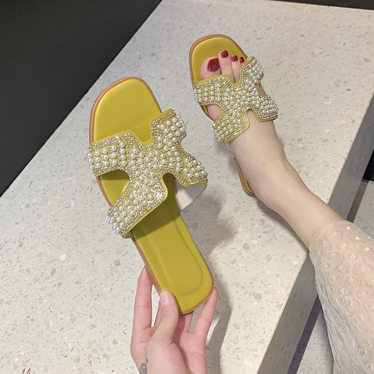 Dame mode slide-sandaler med funklende perle- og rhinestones dekoration Stilla