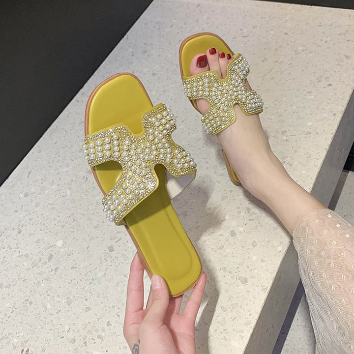 Dame mode slide-sandaler med funklende perle- og rhinestones dekoration Stilla