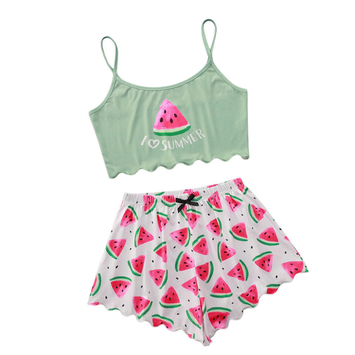 Dame sommerligt crop-top og shorts sæt med vandmelon motiv Stilla