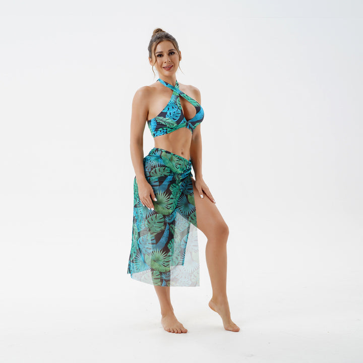 Dame bikini-sæt med raffineret omslagsskjørt og tropisk design Skovae