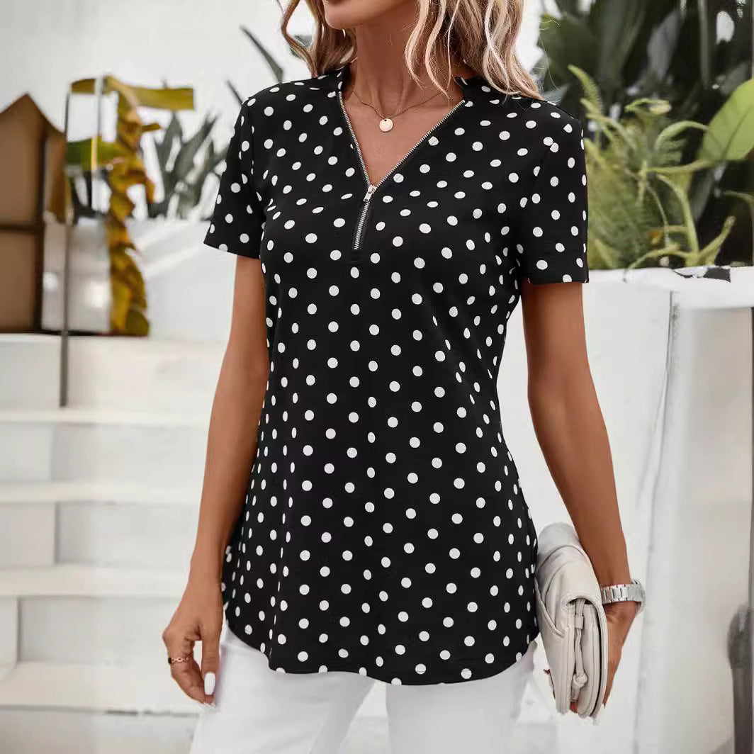 Dame Polka Dot Kortærmet Bluse med Lynlås Stilla