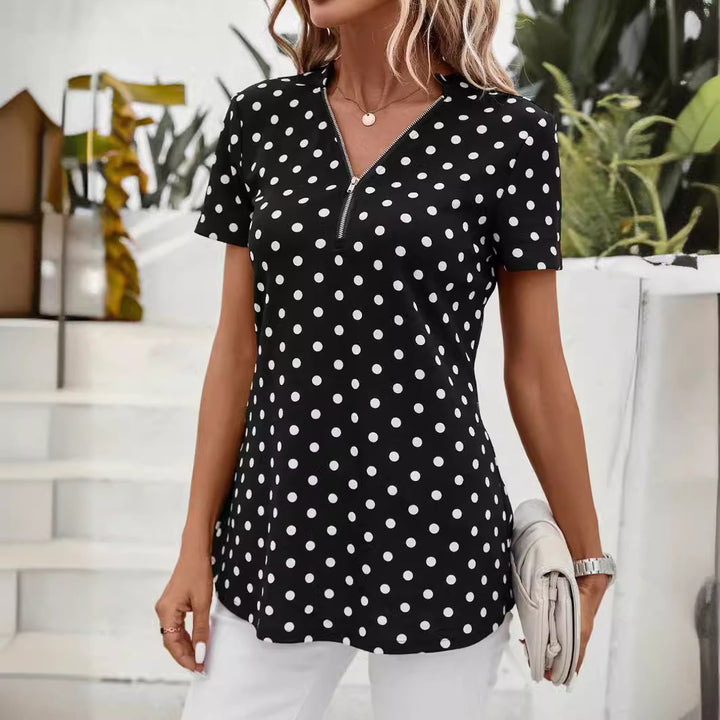 Dame Polka Dot Kortærmet Bluse med Lynlås Stilla