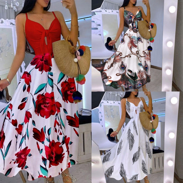 Dame Floral Maxi Kjole med justerbare Spaghetti-stropper og knudedetalje Stilla