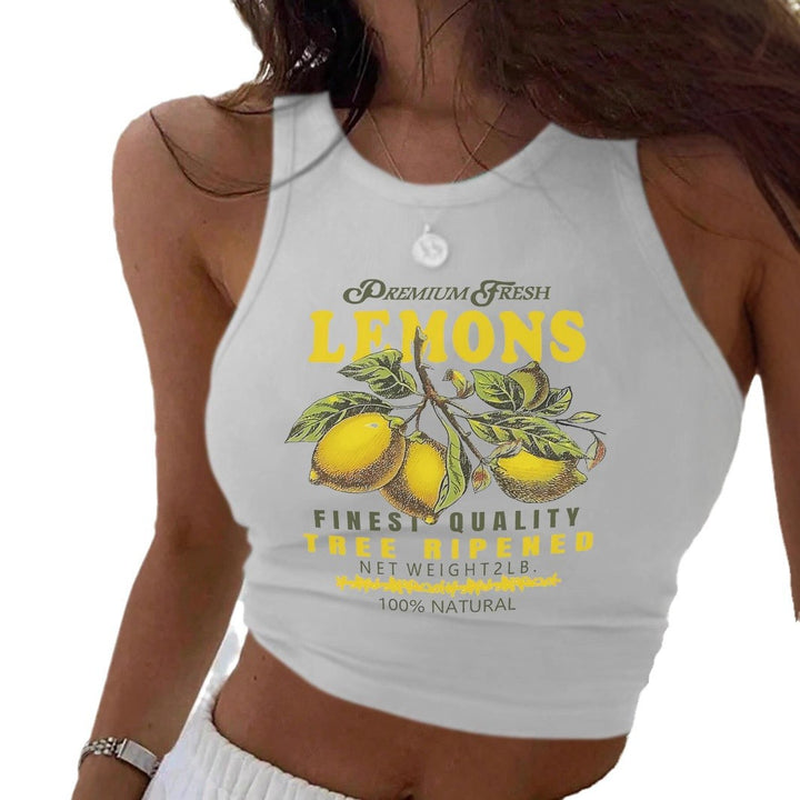 Dame Crop-Top med friskt citronmotiv og afslappet skæring Skovae