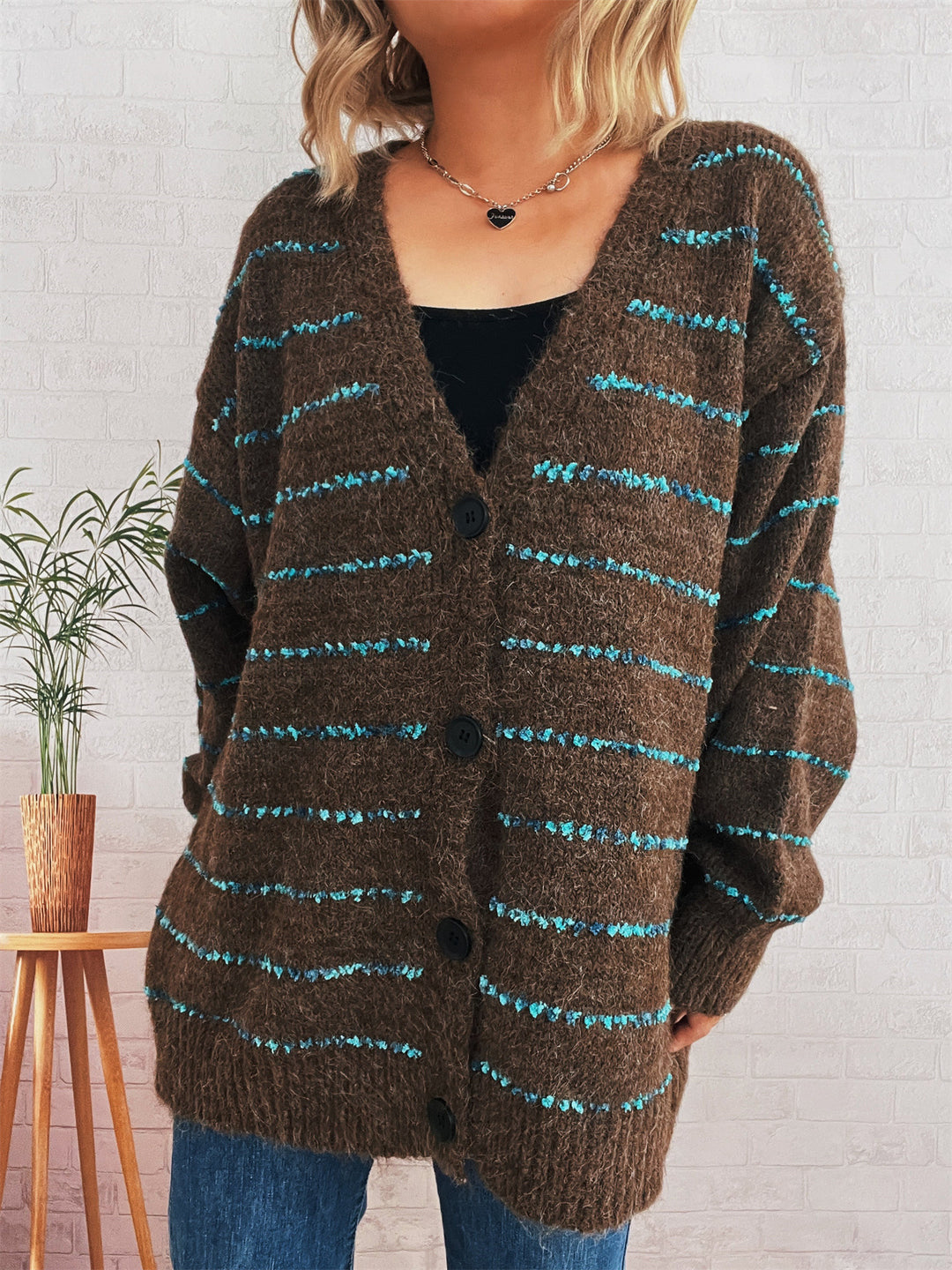 Damer varm strik cardigan med stribet mønster og store knapper Stilla