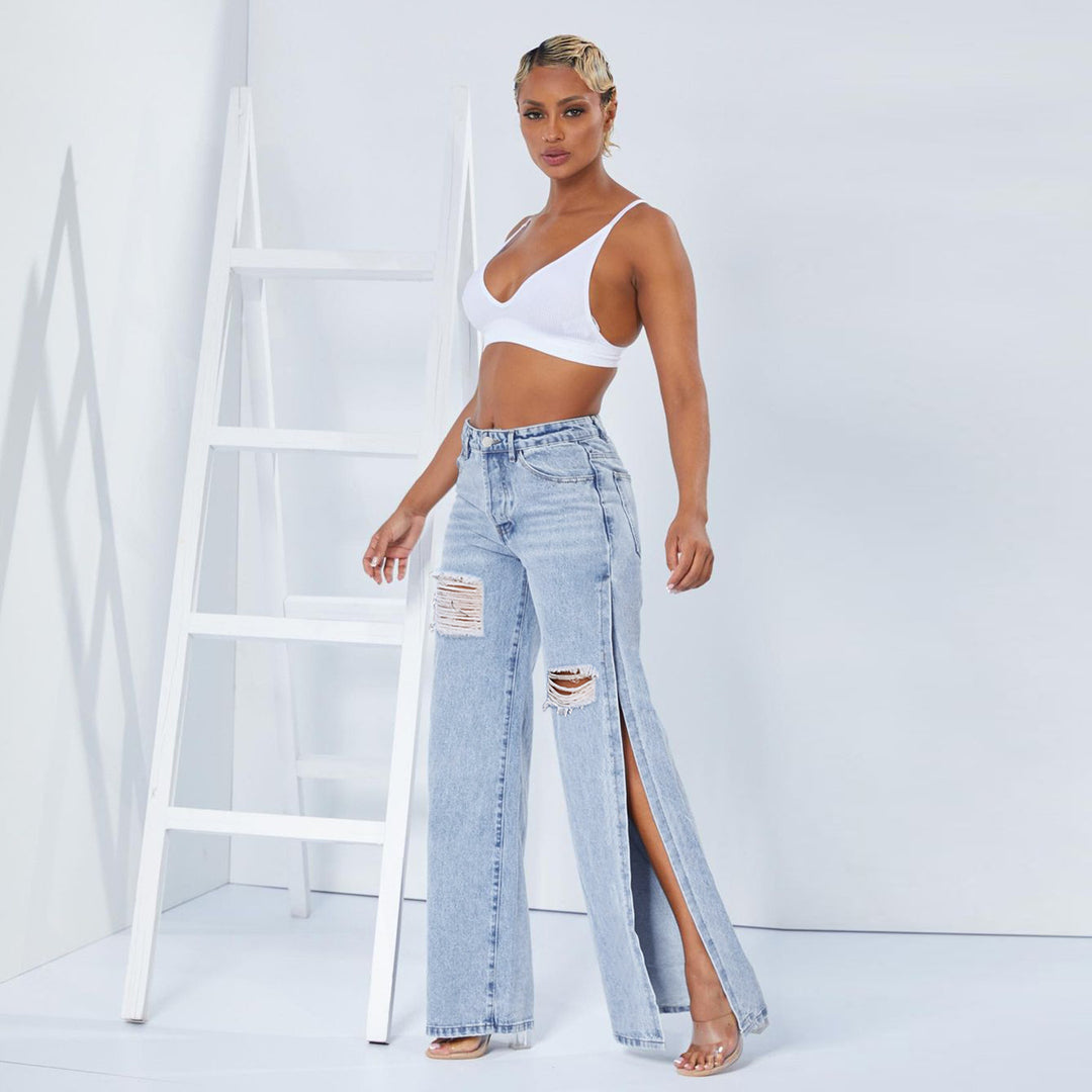 Dame bred jeans med moderigtige revnedetaljer og sidelæg Stilla