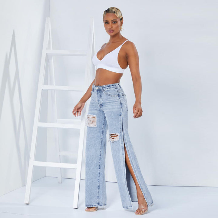 Dame bred jeans med moderigtige revnedetaljer og sidelæg Stilla