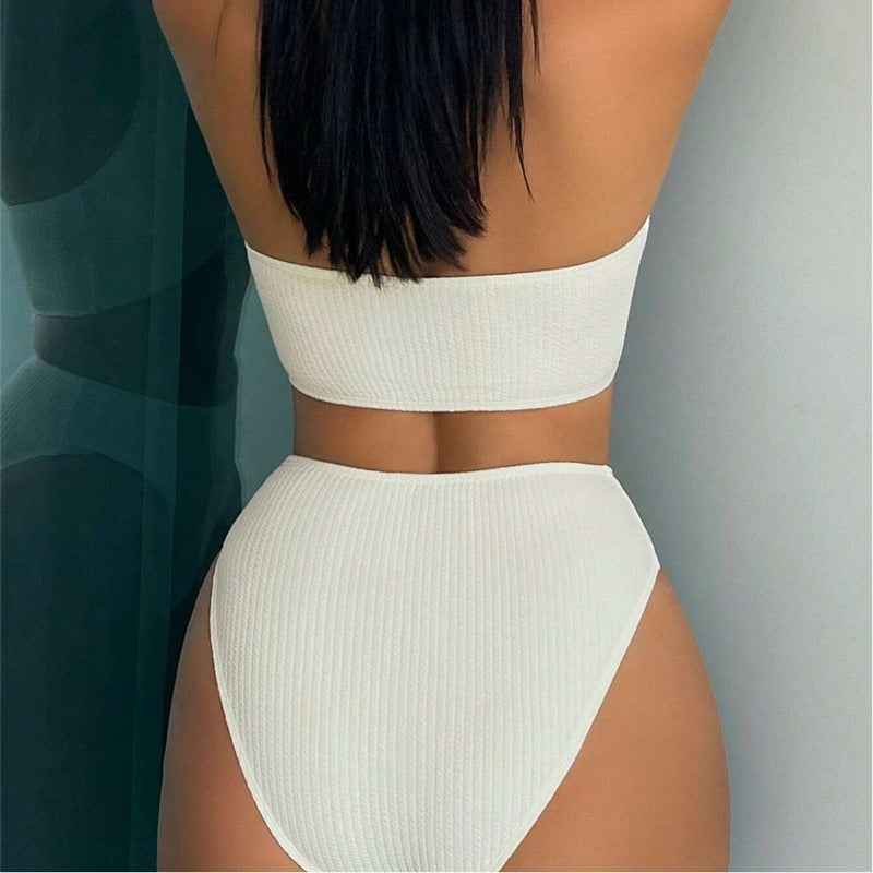 Femme Højkrave Rib-Halter Bikini Sæt Stilla