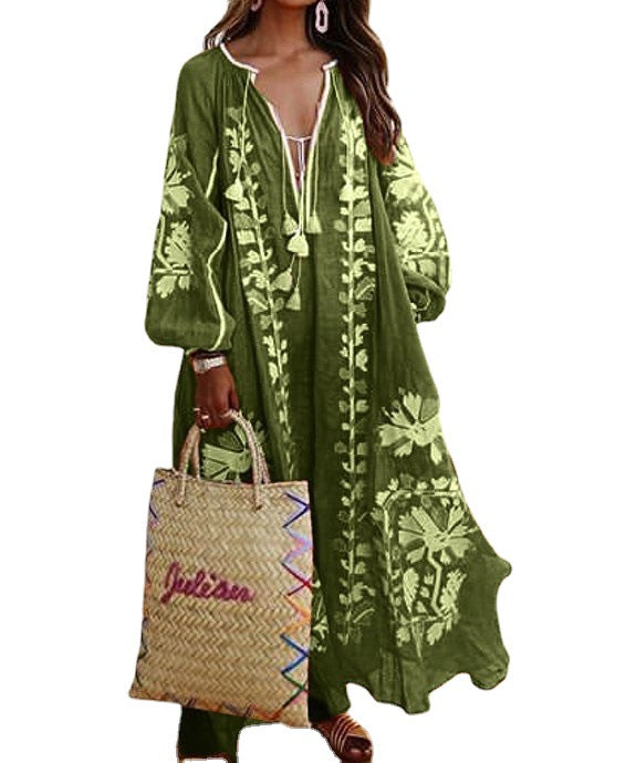 Dame Lang Kaftan med blomster broderi og luftige ærmer Stilla