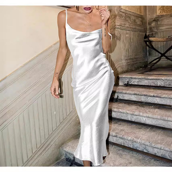 Dame elegant satin-maxi-kjole med justerbare spaghetti-stropper og flydende snit Stilla