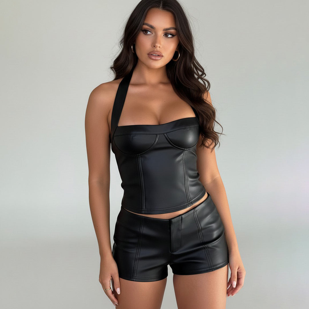 Dame Kunstlæder Crop-Top med romantisk snit og forførende bustier-effekt Skovae