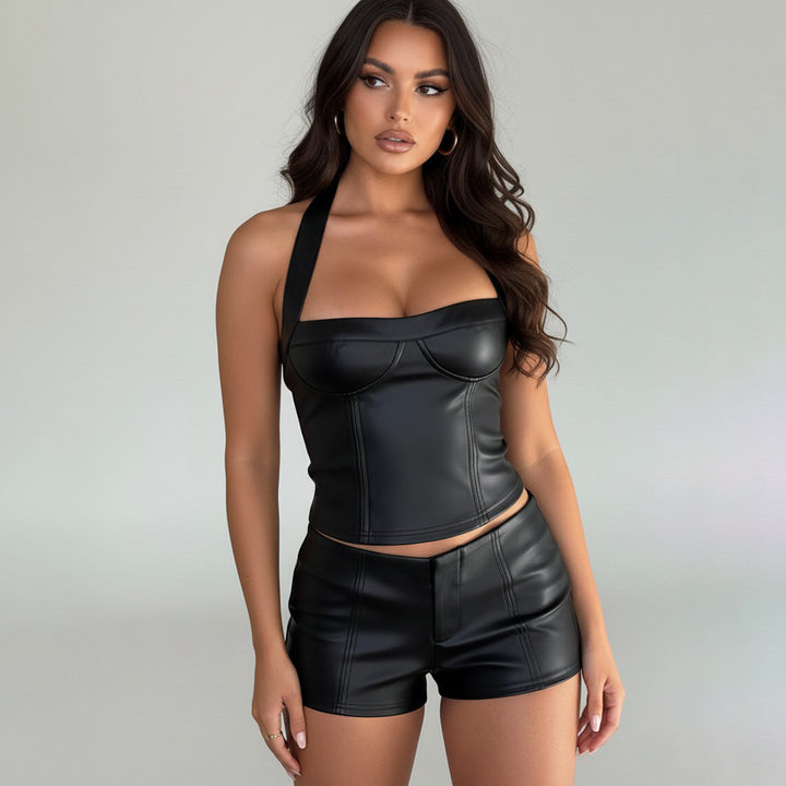 Dame Kunstlæder Crop-Top med romantisk snit og forførende bustier-effekt Skovae