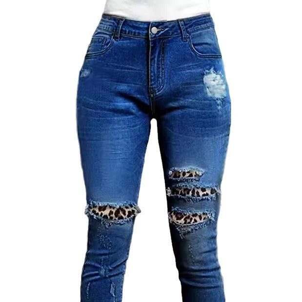 Dame Skinny Jeans med leopardmønster og fashion rifts detaljer Stilla