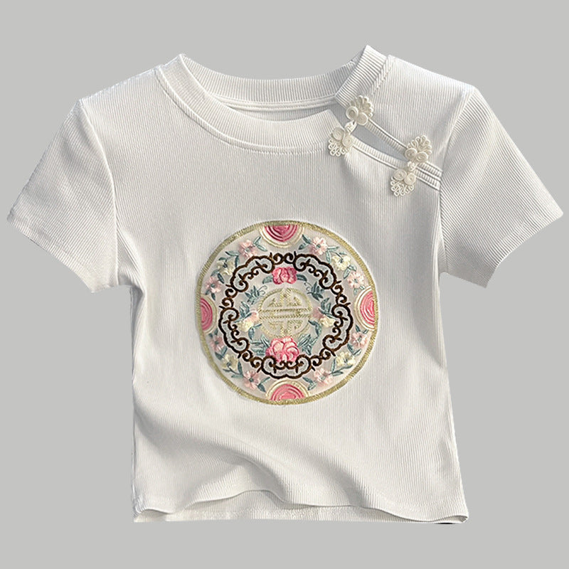 Damer kortærmet T-shirt med kunstnerisk broderi og moderigtigt krave Stilla