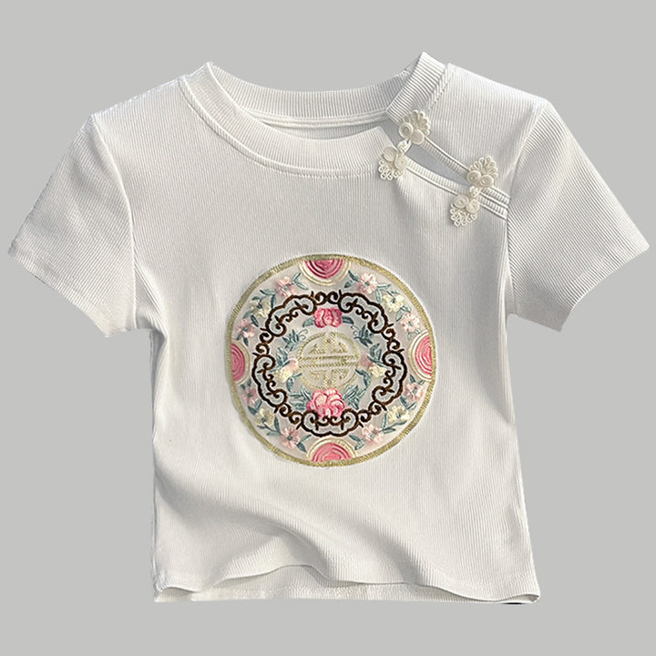 Damer kortærmet T-shirt med kunstnerisk broderi og moderigtigt krave Stilla
