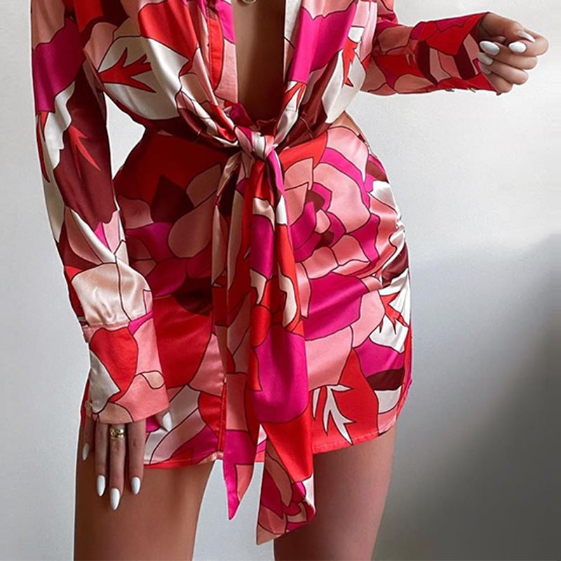 Dame Elegant Wrap Kjole med blomsterdesign og lange ærmer Stilla
