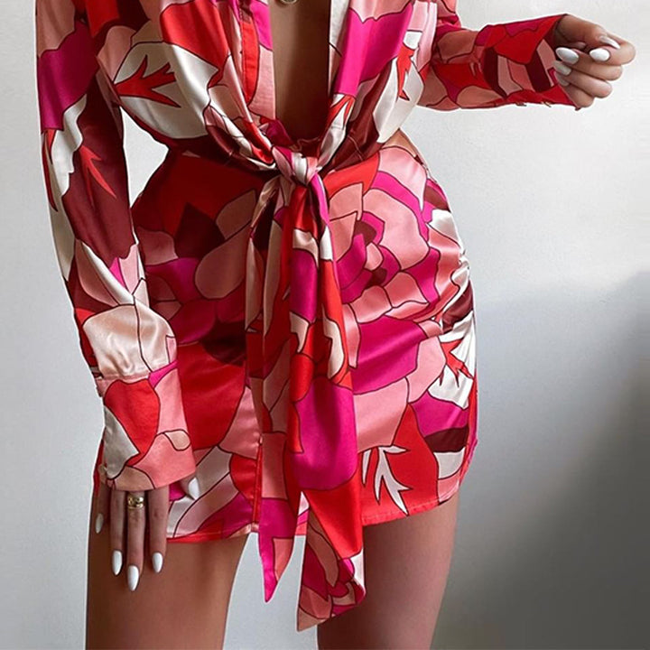 Dame Elegant Wrap Kjole med blomsterdesign og lange ærmer Stilla