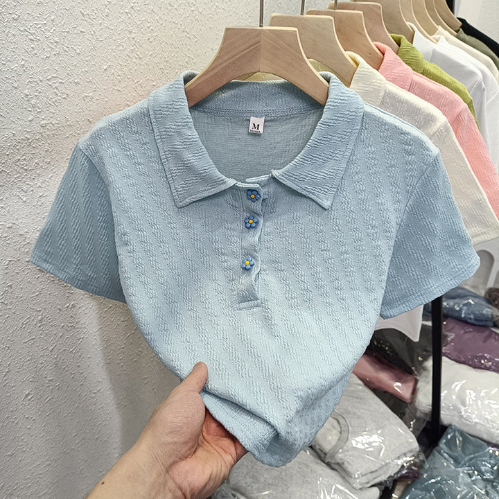 Dame Struktureret Korte Ærmer Polo T-shirt med Blomsterknapper Stilla
