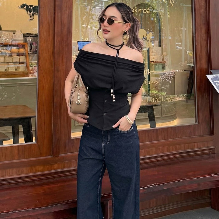 Dame Off-Shoulder Bluse skjorte med dekorativ snortræk Skovae
