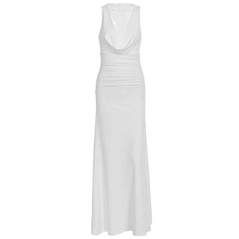 Dame Elegant Maxikjole med elegant Halterneck-design og raffineret Spidslage Skovae