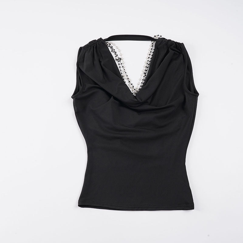 Dame elegant Cowl Neck Tanktop med fine perleudsmykninger Skovae