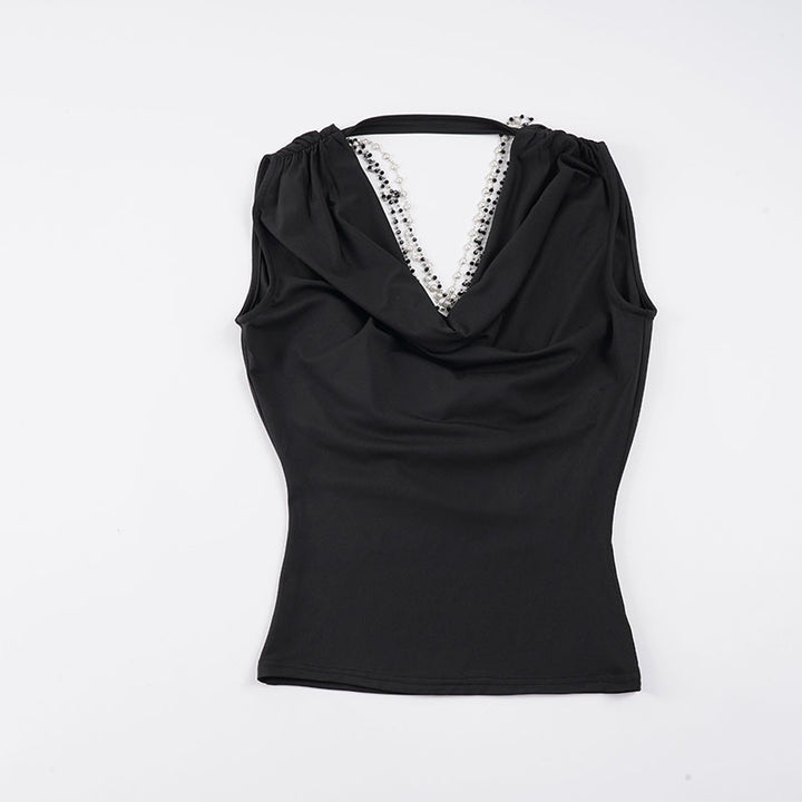 Dame elegant Cowl Neck Tanktop med fine perleudsmykninger Skovae