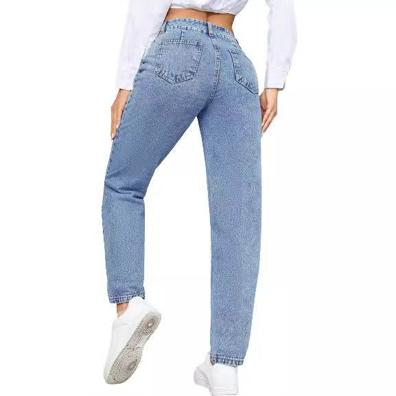 Kvindernes Højtaljede Boyfriend Jeans med Klassisk Snit og Knapdetaljer Stilla