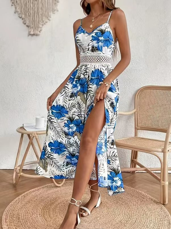 Dame Maxikjole med elegante sidespring og florale motiver Stilla